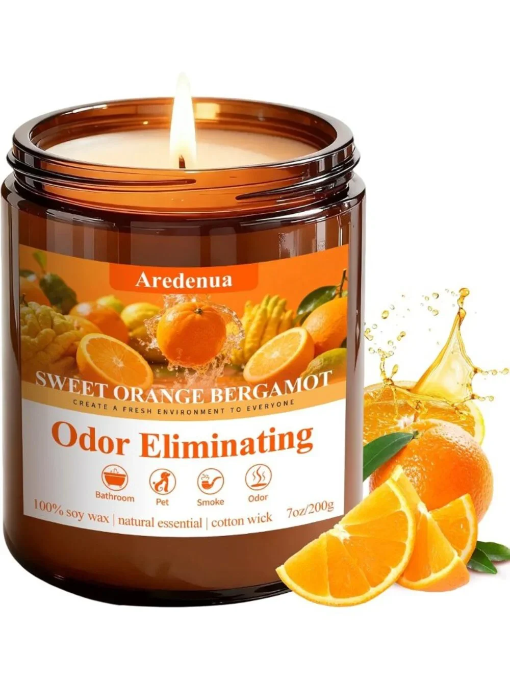 Sweet Orange Odor Eliminating Soy Candle - 7oz, 50 Hour Burn, Freshens Air